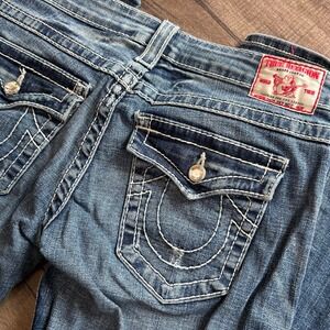 Y2K True Religion Women's Joey Flare Jeans Medium Wash Crystal Buttons Size 28